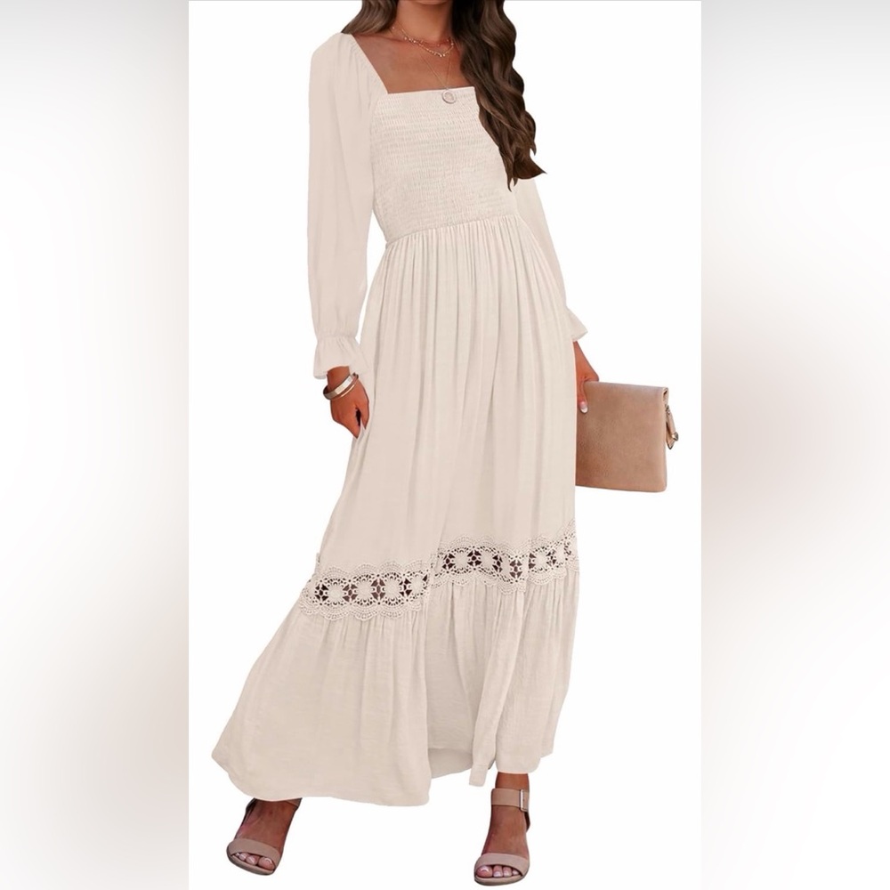 ZESICA Boho Long Sleeve Square Neck Smocked Maxi Dress ~Apricot~Size 4/6 ~ NWOT - Picture 9 of 16